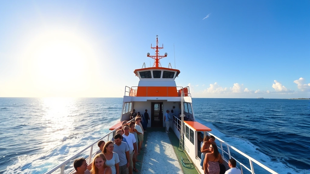 Ferry boat departing from Puerto Juarez toward Isla Mujeres, ocean horizon, passengers on deck, sunny Caribbean day, water transportation
