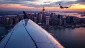 Aerial view of New York City skyline at sunset with airplane wing visible in foreground, Manhattan skyline golden hour lighting, commercial aircraft approaching JFK airport