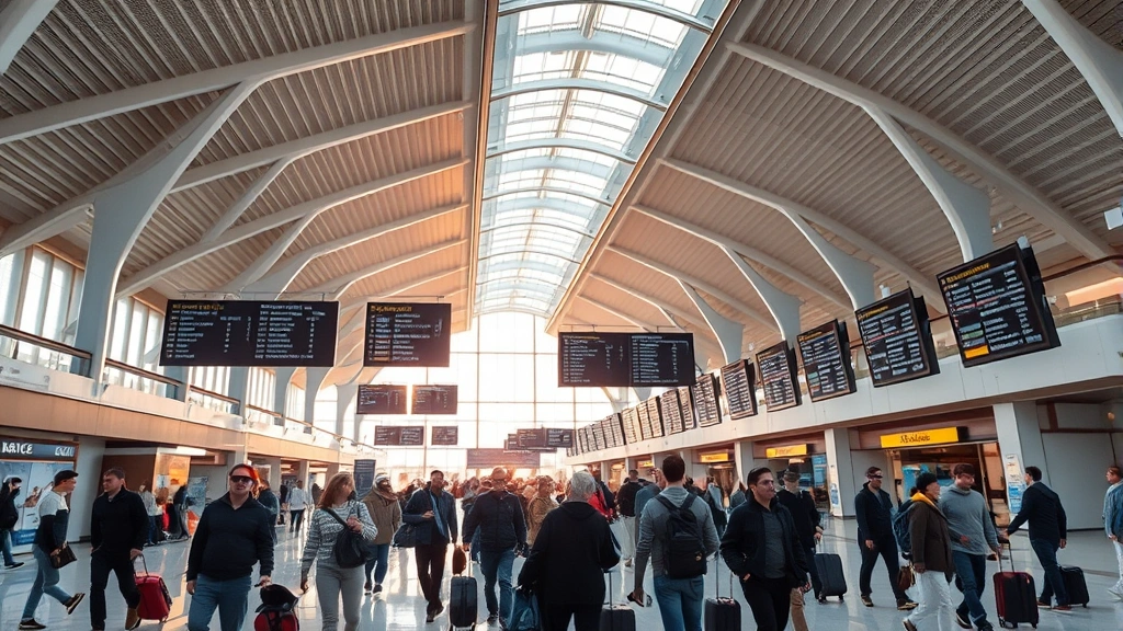 Bustling Rome Fiumicino Airport international terminal interior, modern architecture, travelers with luggage near departure boards, warm Mediterranean light through windows, global destination atmosphere