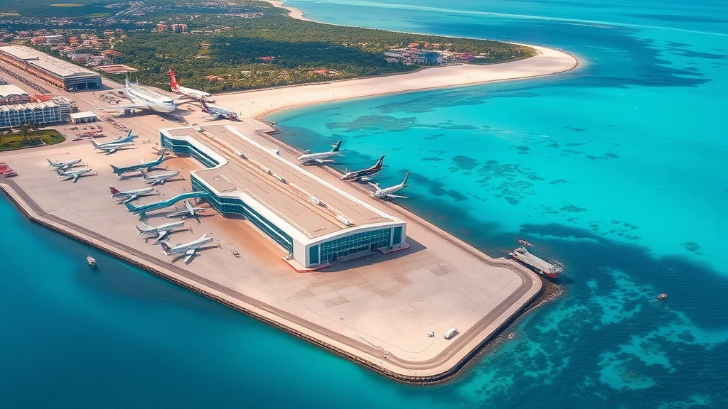 Aerial view of José Martí International Airport in Havana, Cuba, with turquoise Caribbean waters visible, modern terminal building, parked aircraft from multiple airlines, vibrant tropical landscape surrounding the airport