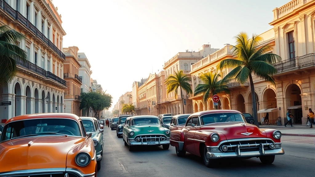 Colorful vintage American cars parked along a historic Havana street with pastel colonial buildings in background, tropical palm trees, golden afternoon sunlight, bustling street scene with local atmosphere