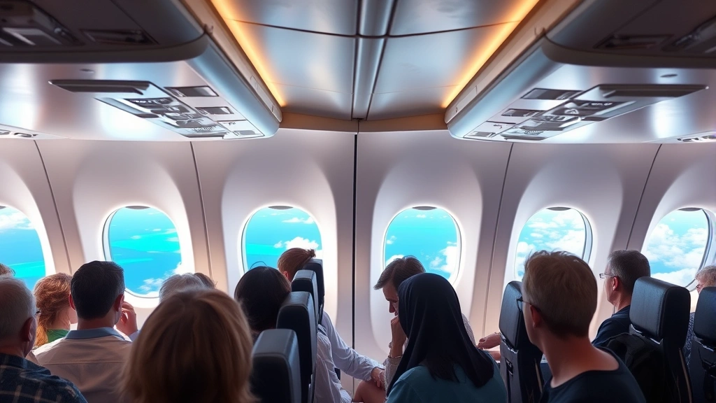 Interior of modern aircraft cabin during flight with passengers seated, window view showing Caribbean ocean and clouds below, overhead bins, comfortable seating arrangement, bright cabin lighting