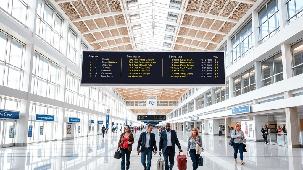 Little Rock International Airport terminal interior with modern architecture, bright natural lighting, travelers walking through spacious corridors, departure boards visible, contemporary design elements, professional business travelers and families