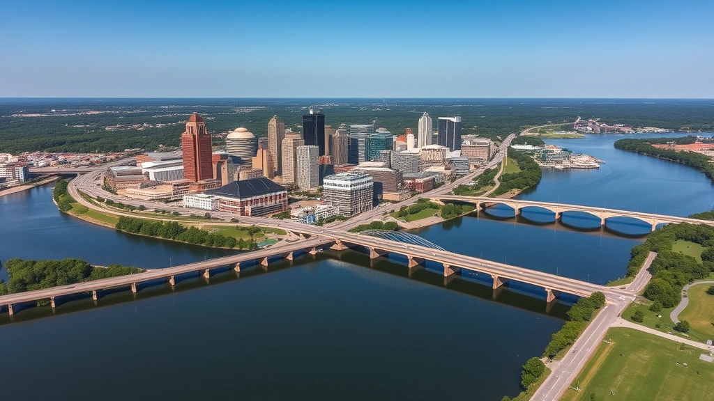 Aerial view of Little Rock skyline with Arkansas River, downtown buildings reflecting in water, bridges crossing the river, surrounding green landscape, clear blue sky, daytime shot showing the city's geography and urban layout