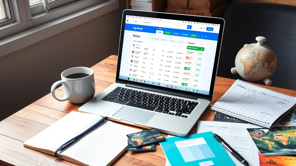 Travel planning scene showing laptop displaying flight search results, coffee cup, notebook, calendar, credit cards, and travel documents on wooden desk, natural window lighting, organized workspace for flight booking research