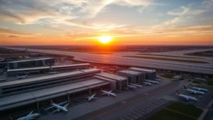 Aerial view of Atlanta's Hartsfield-Jackson International Airport terminal buildings and runways at sunset, commercial aircraft parked at gates, modern airport infrastructure