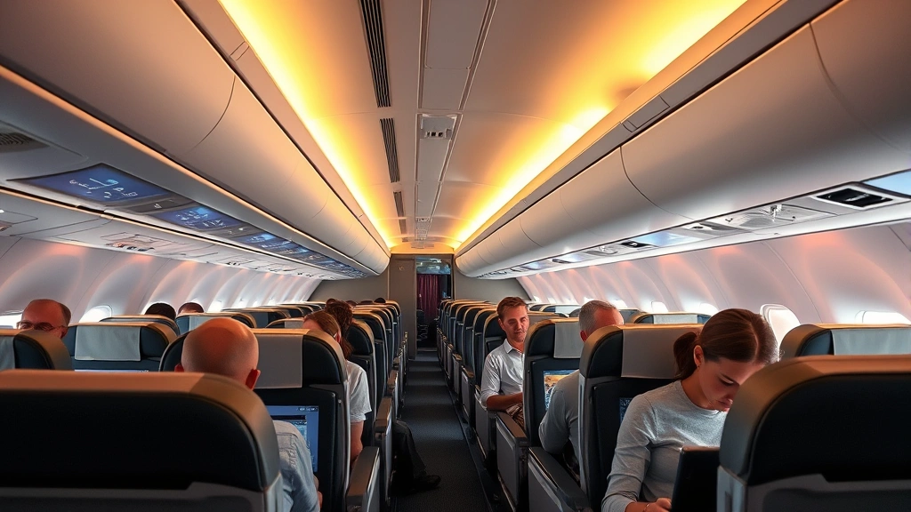 Business class cabin interior of wide-body aircraft on transatlantic flight, comfortable seats, overhead lighting, passengers working and relaxing during flight to London