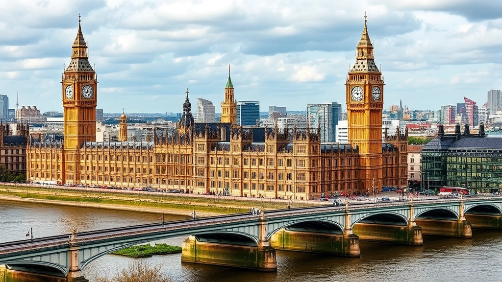 London skyline featuring Big Ben, Houses of Parliament, and Westminster Bridge with River Thames, iconic British architecture and landmarks visible across cityscape