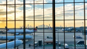 Boston Logan International Airport exterior with transatlantic aircraft at gates, skyline reflection in glass terminal, morning sunlight, busy tarmac with ground vehicles