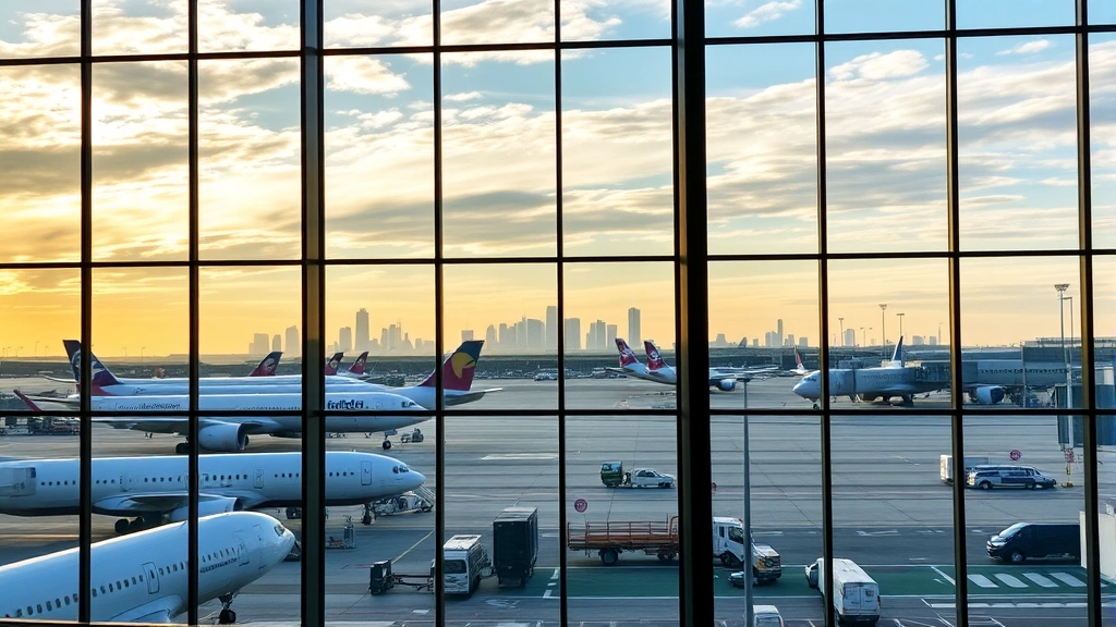 Boston Logan International Airport exterior with transatlantic aircraft at gates, skyline reflection in glass terminal, morning sunlight, busy tarmac with ground vehicles