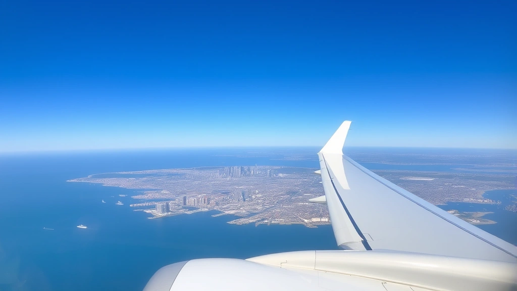 Aerial view of Boston harbor and city skyline from aircraft window during climb-out, aircraft wing visible, Atlantic Ocean stretching toward horizon, clear blue sky