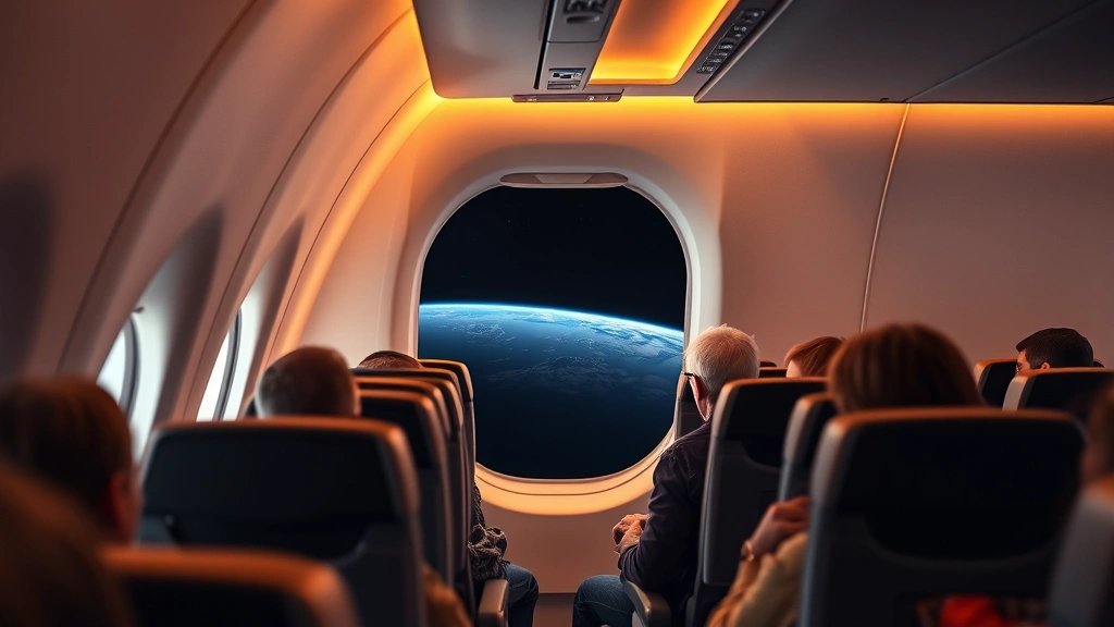 Modern aircraft cabin interior during transatlantic flight with passengers in seats, window showing curved Earth horizon and dark space, warm cabin lighting, peaceful flight environment