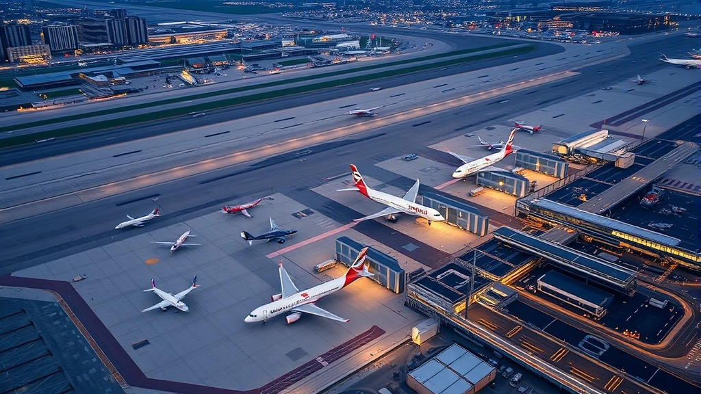 Aerial view of O'Hare International Airport in Chicago with multiple aircraft at gates, runway activity, and terminal buildings visible, daytime lighting, professional aviation photography