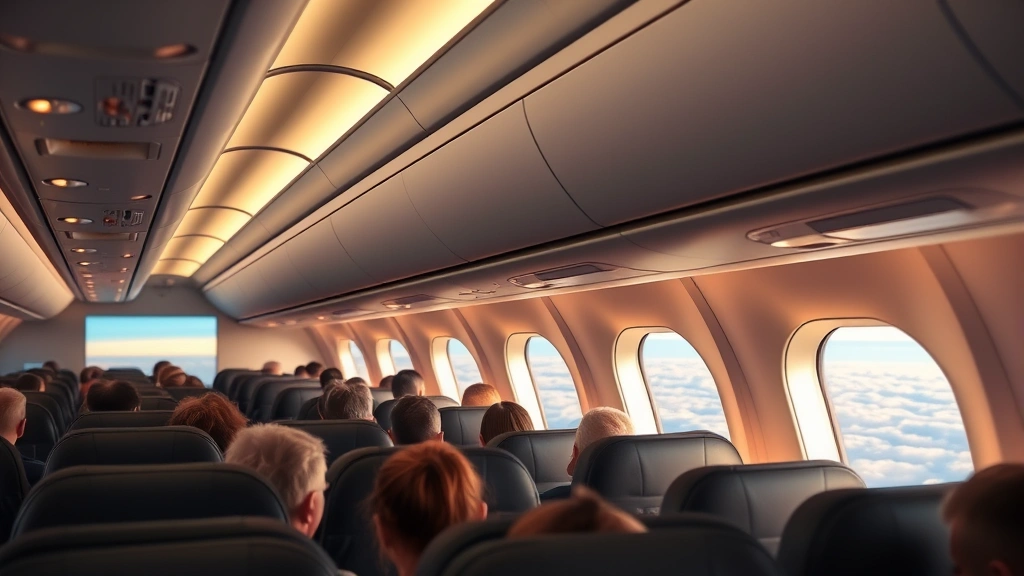 Modern airplane cabin interior during transatlantic flight with passengers seated, overhead bins, window seats showing clouds and horizon, realistic in-flight atmosphere, warm cabin lighting