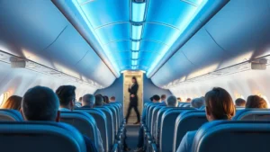Modern aircraft cabin interior during transatlantic flight with passengers seated comfortably, blue overhead lighting, photorealistic daytime photo