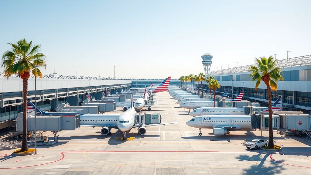 LAX airport terminal exterior with aircraft at gates, palm trees visible, modern architecture, bright Southern California sunlight