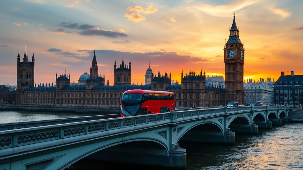 London skyline featuring Big Ben and Thames River at sunset, iconic red double-decker bus on Westminster Bridge, photorealistic cityscape