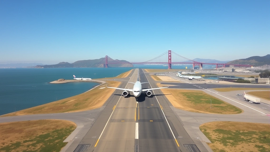 Aerial view of San Francisco International Airport runway with Pacific Ocean and Golden Gate Bridge visible in distant background, clear sunny day, commercial aircraft taking off