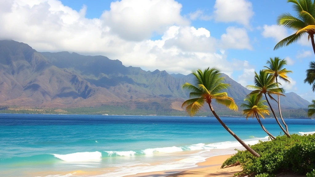 Hawaiian turquoise ocean waters with golden sand beach and palm trees, Maui West Maui coastline, volcanic mountain backdrop, vibrant tropical landscape photography