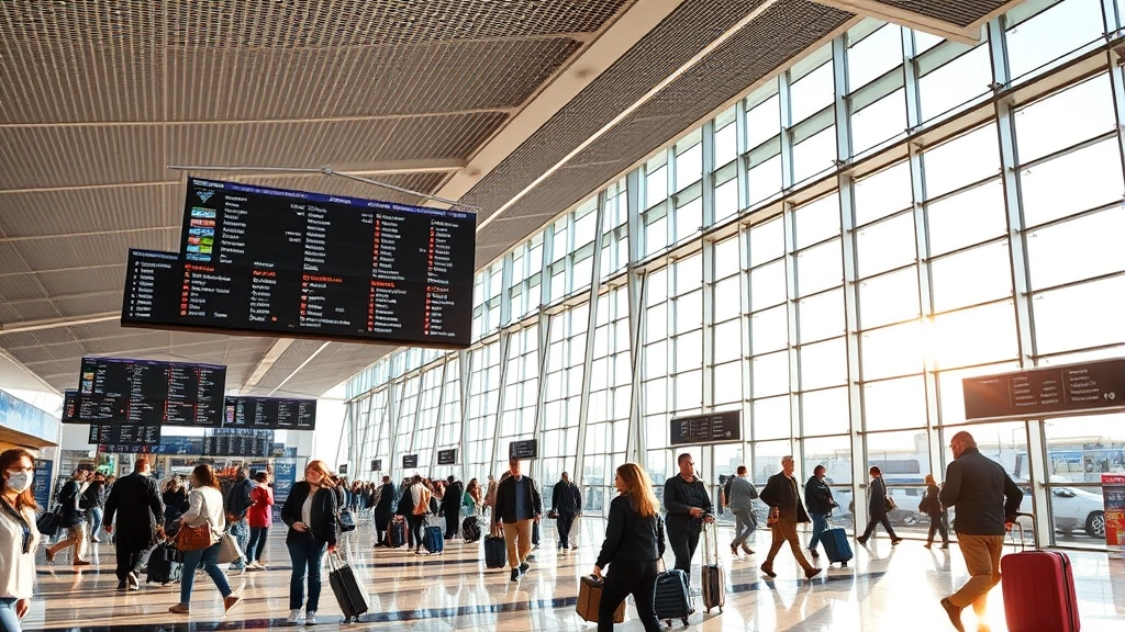 Modern airport terminal interior showing departure boards and travelers with luggage, bright natural lighting through large windows, busy but organized travel hub atmosphere