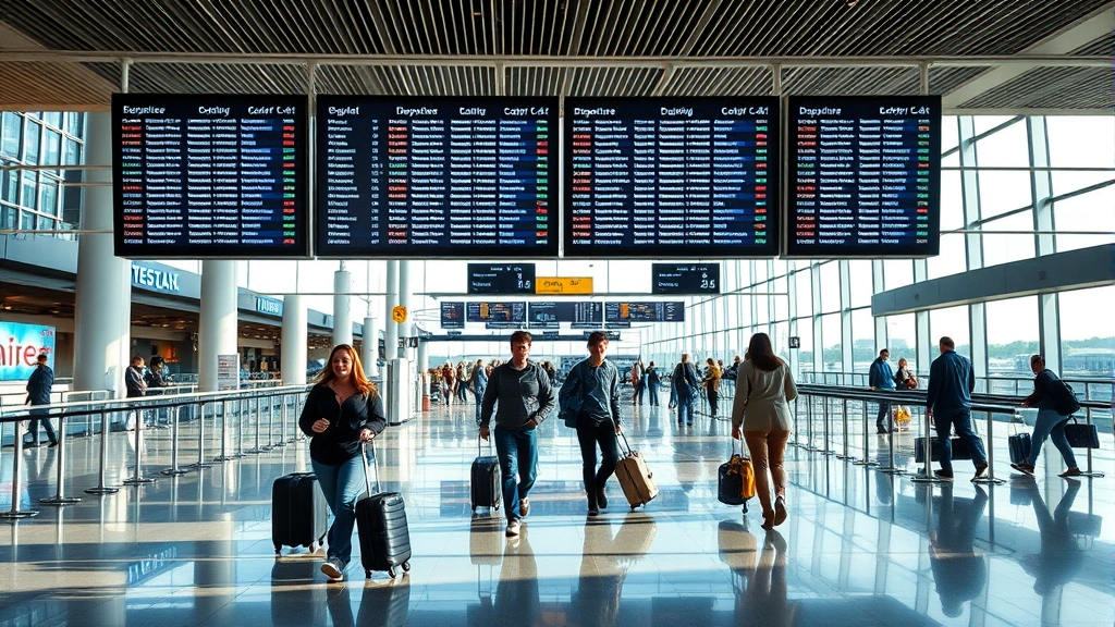 Modern airport terminal with departure boards and travelers with luggage walking through check-in area, international flight departure scene with natural lighting