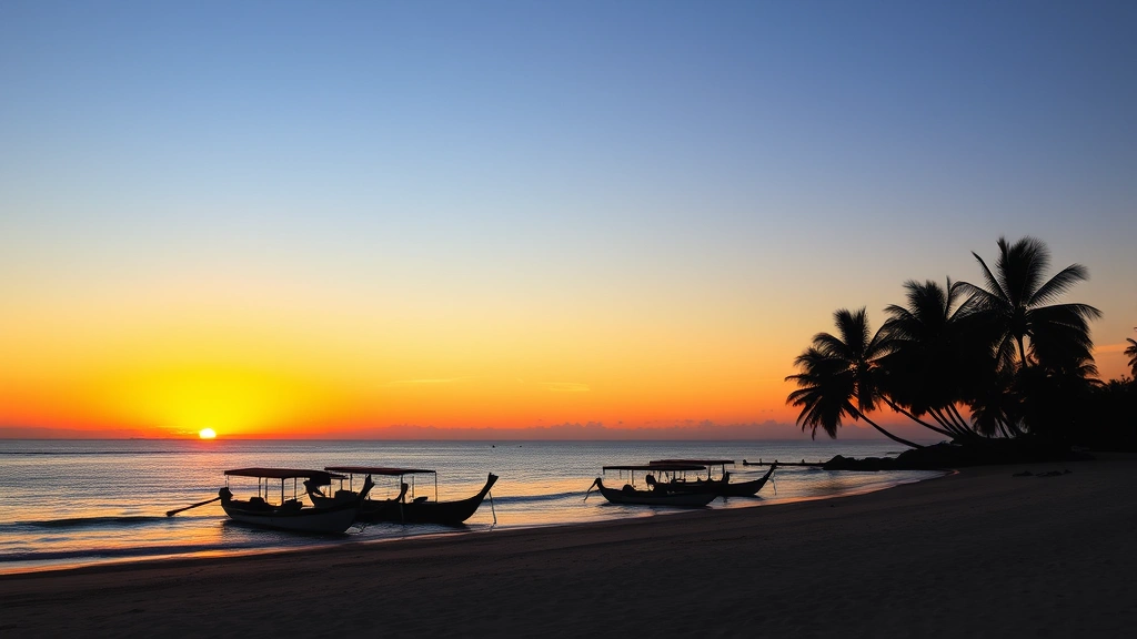 Sunset over Indian Ocean with silhouettes of palm trees and traditional outrigger boats, golden hour tropical beach scenery with calm waters