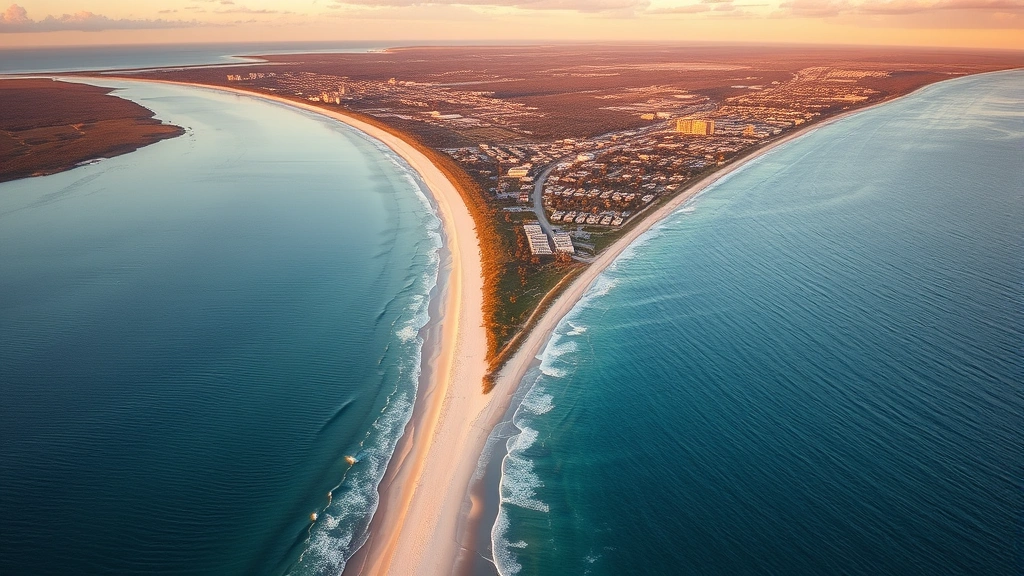Aerial view of Melbourne, Florida coastline with beach, blue ocean water, and residential areas during golden hour sunset lighting