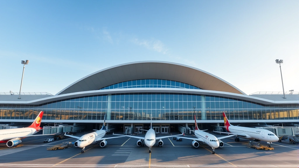 Melbourne International Airport terminal building exterior with planes parked at gates, clear sky, modern architecture during daytime
