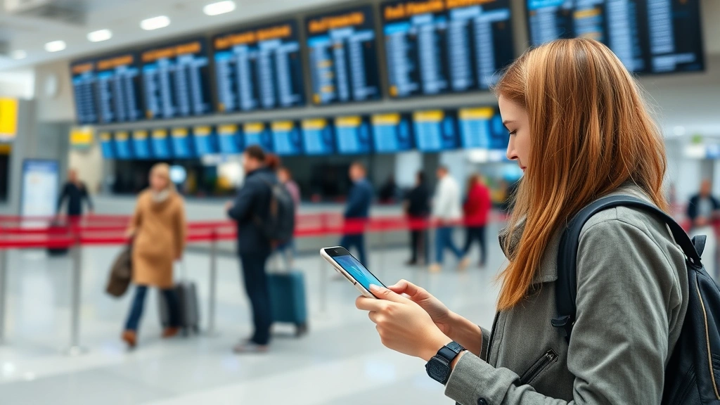 Traveler checking flight information on mobile phone at airport gate area with blurred passengers and departure boards in background