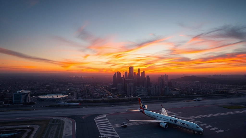 Aerial view of Mexico City skyline at sunset with Benito Juárez International Airport visible below, featuring modern aircraft on tarmac and vibrant cityscape in background