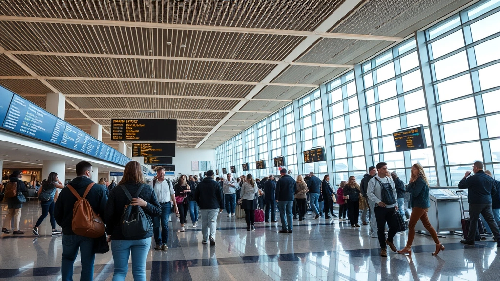 Busy airport terminal interior at Chicago O'Hare International with diverse passengers checking flight boards, modern departure area with bright lighting and contemporary architecture