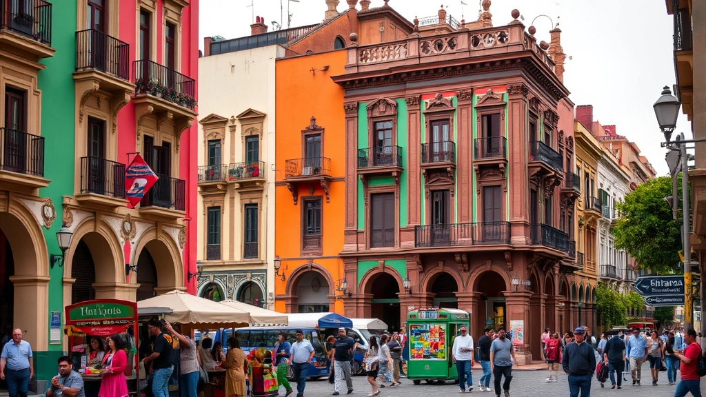 Mexico City historic center street scene with colorful colonial buildings, street vendors, and tourists exploring, showing vibrant cultural atmosphere and architectural details