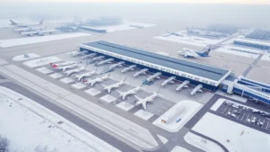 Aerial view of Chicago O'Hare International Airport with planes lined up at gates, winter scenery with snow-covered runways visible below