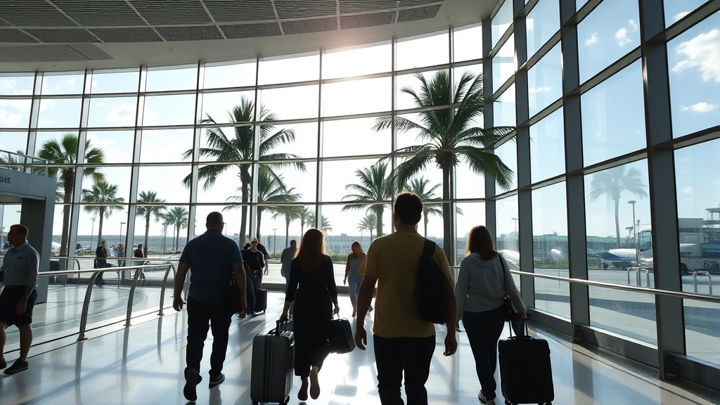 Passengers walking through modern Miami International Airport terminal with palm trees visible through large windows, bright tropical sunlight