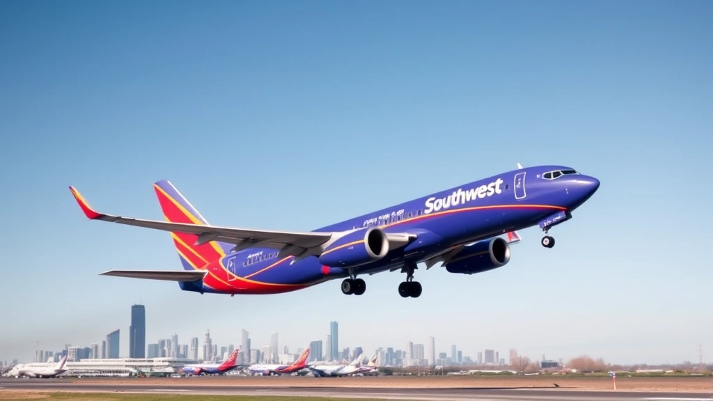 Wide-angle shot of Southwest Airlines plane taking off from runway with Chicago skyline in background, clear blue sky
