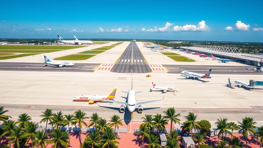 Overhead shot of Miami International Airport tarmac with multiple commercial aircraft, palm trees surrounding runway, tropical weather conditions, clear blue sky, professional airport photography