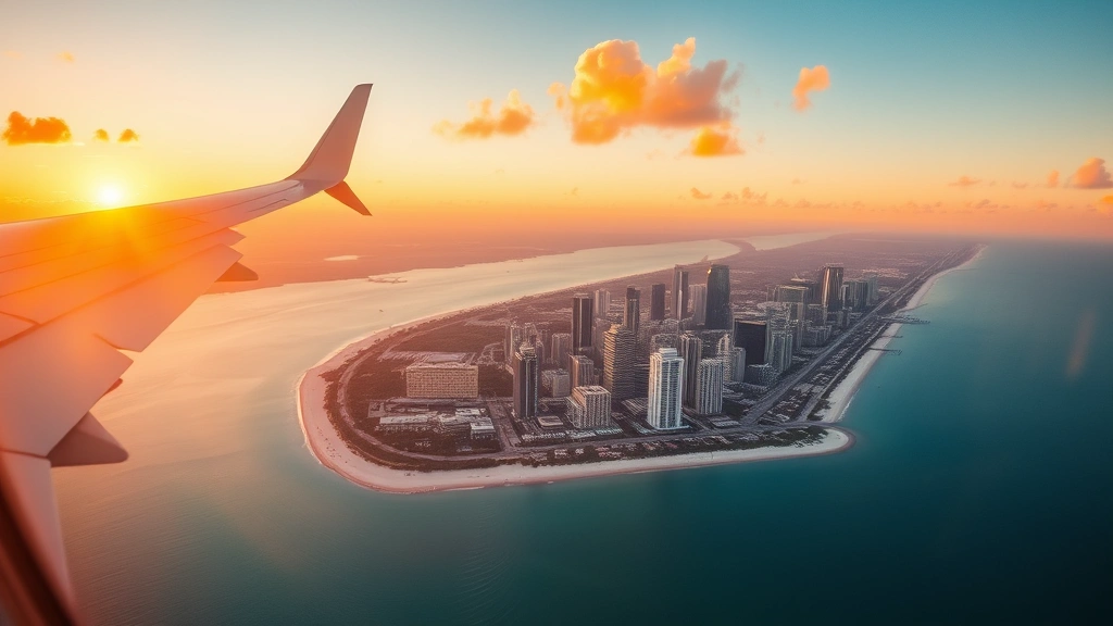 Aerial sunset view of Miami skyline with turquoise ocean and white sandy beaches, vibrant tropical landscape from airplane window perspective