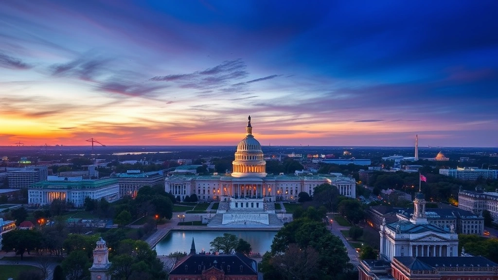 Overhead view of Washington DC landmarks including Capitol Building and Potomac River at sunset, cityscape with illuminated monuments