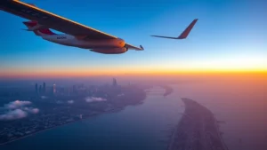 Aerial view of airplane cruising between Houston skyline and Miami coastline during sunset, clear skies showing both cities' landscapes below