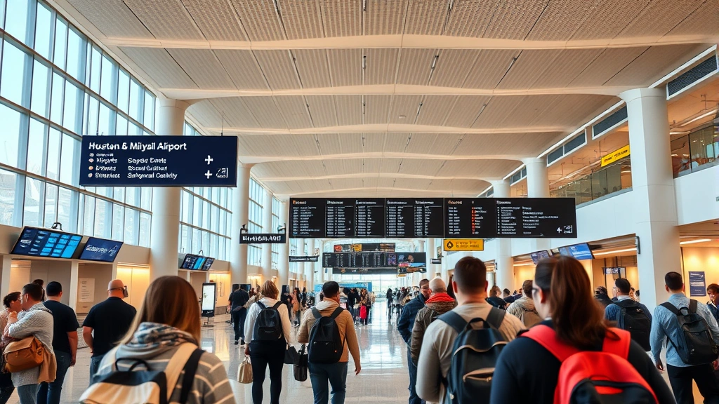 Modern airport terminal interior with travelers checking flight information displays, showing Houston and Miami airport signage, busy but organized atmosphere