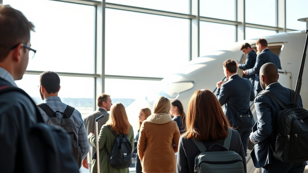 Diverse group of passengers boarding aircraft at gate, showing various travel styles from business to leisure, natural lighting from airport windows