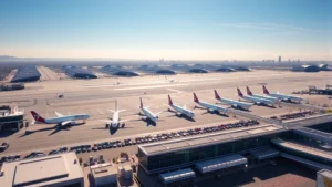 Aerial view of LAX airport with multiple commercial aircraft lined up at gates, sunny California weather, modern terminal buildings visible below