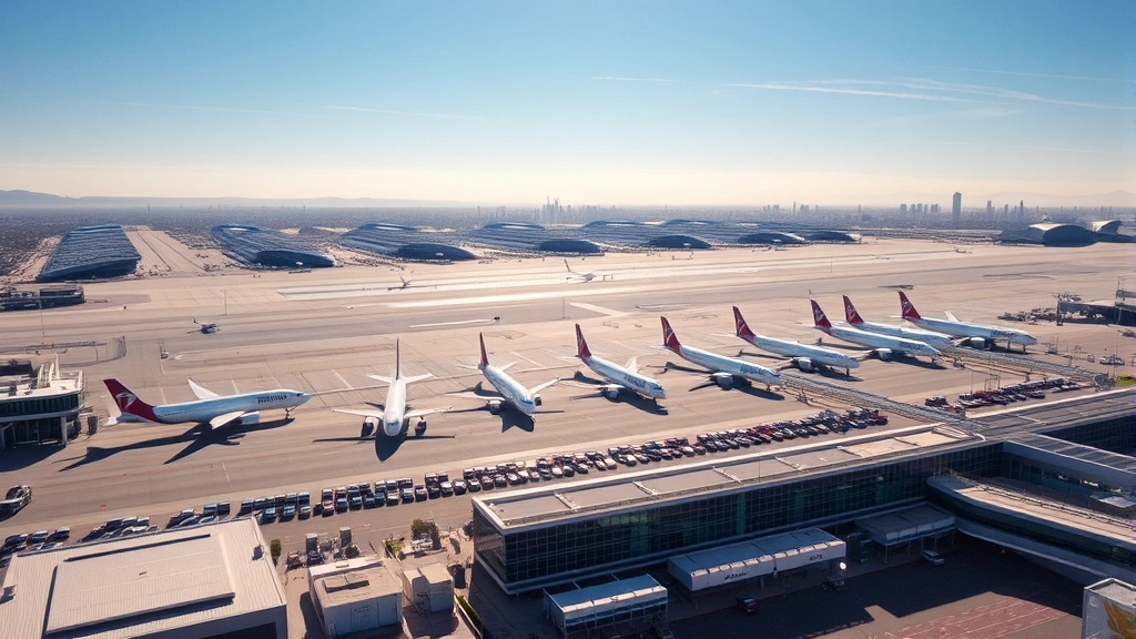 Aerial view of LAX airport with multiple commercial aircraft lined up at gates, sunny California weather, modern terminal buildings visible below
