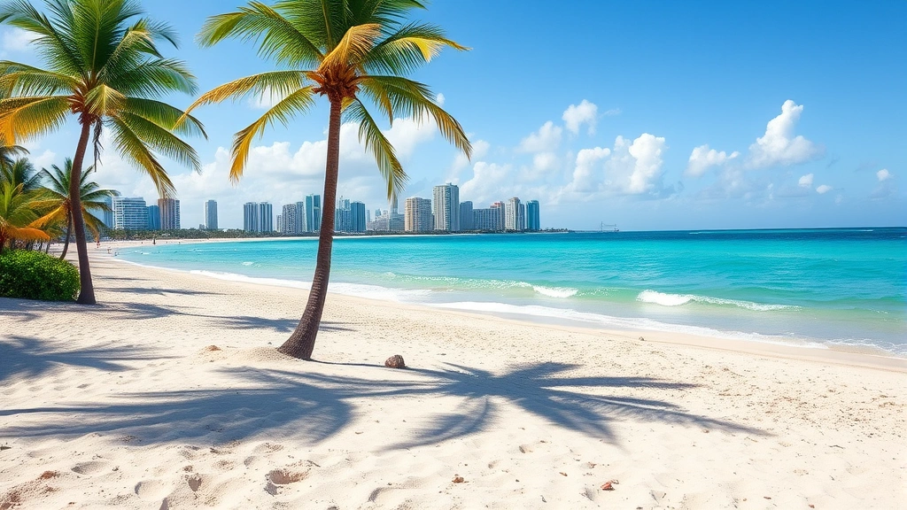 Miami beach scene with turquoise ocean water, palm trees, and Miami skyline in the background, bright tropical sunlight, sandy beach in foreground