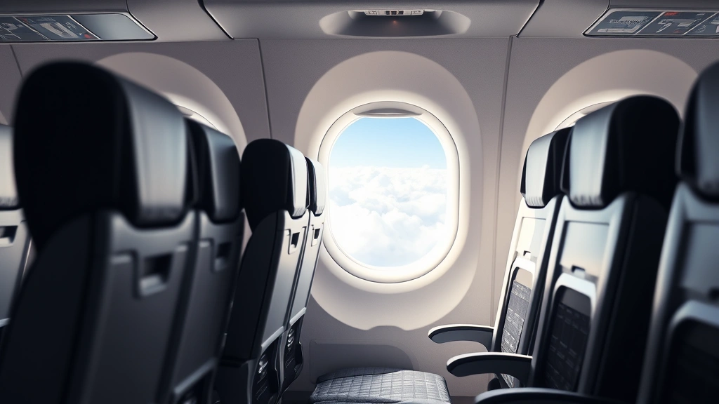 Interior of modern airplane cabin with empty economy seats, overhead bins, and window showing clouds during flight, natural daylight streaming through windows