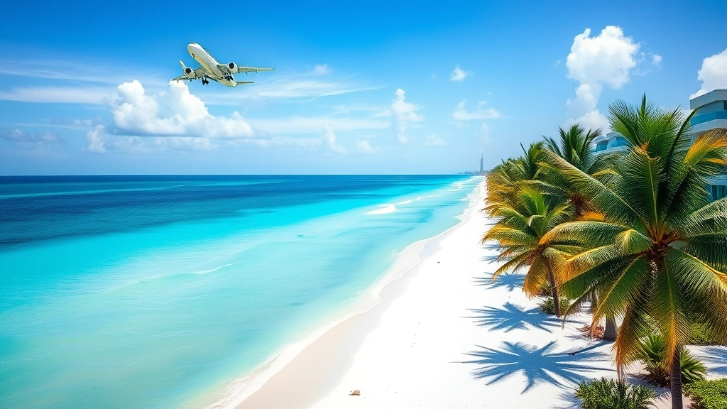 Bright Miami beach scene with turquoise ocean, white sand, palm trees, and commercial jet flying overhead preparing to land at MIA airport