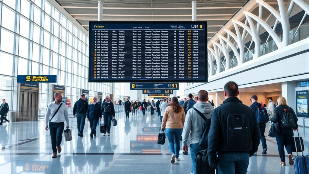 Modern airport departure board displaying flight information with passengers walking through contemporary terminal, departure hall interior with natural lighting