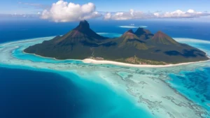 Aerial view of Moorea's turquoise lagoon with dramatic volcanic peaks and coral reef, crystal clear tropical water, white sandy beach visible, professional travel photography