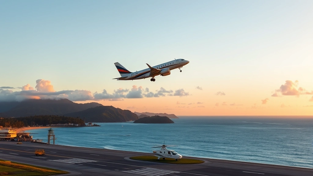 Modern aircraft taking off from tropical island airport at sunset, Pacific Ocean visible below, commercial jet ascending into golden sky, professional aviation photography