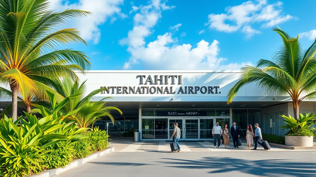 Tahiti International Airport terminal exterior with tropical vegetation, modern architecture, travelers with luggage, tropical island setting, professional travel documentation